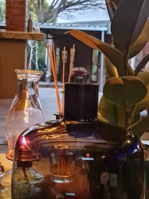 a table with two glass vases and a plant at Dara Guest House in Trichardt
