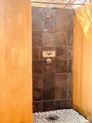 a shower in a room with a tile wall at Godiva Spa & Guesthouse in Groblersdal