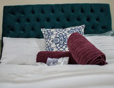 a bed with a green headboard and red pillows on it at Pro Active Guest House in Pretoria