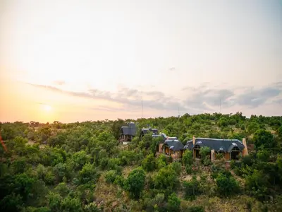 an aerial view of a group of houses in a forest at Nedile Lodge in Welgevonden Game Reserve