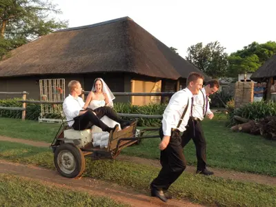 a bride and groom riding in a horse drawn cart at Guinea Feather Country Lodge & Spa in Groblersdal