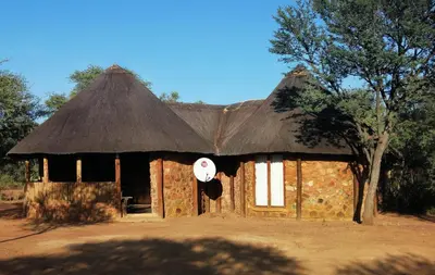 a small hut with a thatched roof and a tree at Thabaledi Game Lodge in Brits