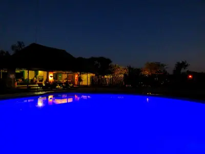 a blue pool at night with a house at Thorn Tree Bush Camp in Klipdrift