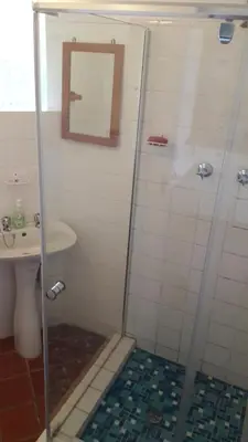 a bathroom with a shower and a sink at Sanfern Downs Cottage in Haenertsburg