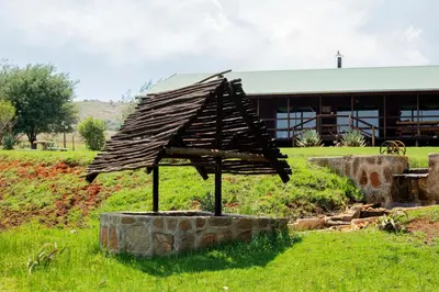 a sculpture in the grass in front of a building at Riverman Cabin Country Lodge - Tonteldoos in Tonteldoos