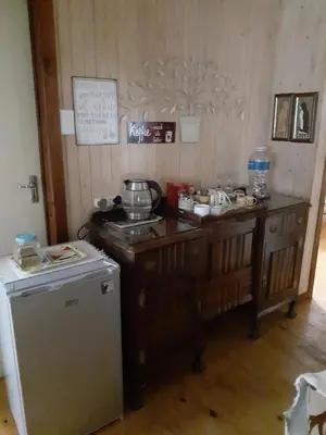 a kitchen with a counter and a stove and a refrigerator at Kattekwaad Accommodation in Kaapsehoop