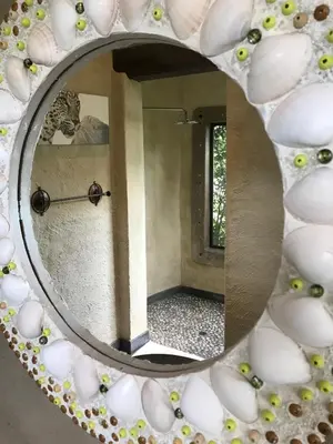a mirror with white shells on a bathroom at Tinkers Lakeside Lodge - Kruger in White River