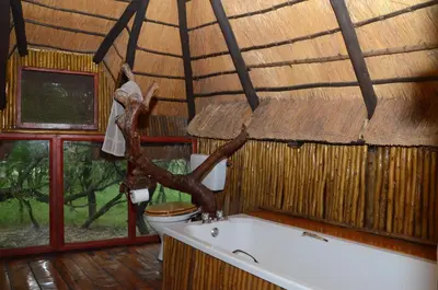 a bathroom with a toilet and a bath tub at Pezulu Tree House Lodge in Hoedspruit