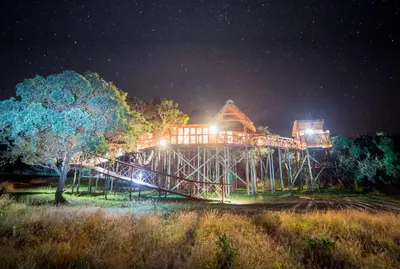 a house on top of a bridge at night at Pezulu Tree House Lodge in Hoedspruit