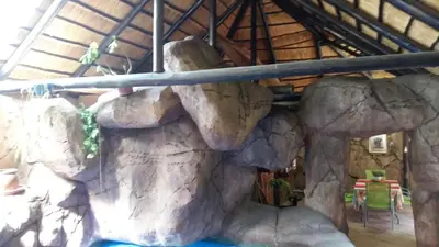 a large rock wall in a building with an elephant at Pride Rock Accommodation in Middelburg