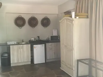 a kitchen with a refrigerator and some plates on the wall at Windmills Rest in Pretoria