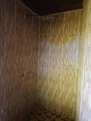a bathroom with a shower with a tiled wall at Roundhouse Marloth Park in Marloth Park