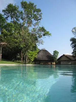 a pool of water with a thatched building and trees at Eagles Nest Chalets in Hazyview