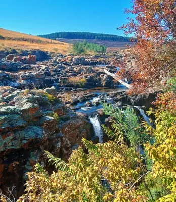 a river in a field with rocks and trees at Eagles Nest Chalets in Hazyview