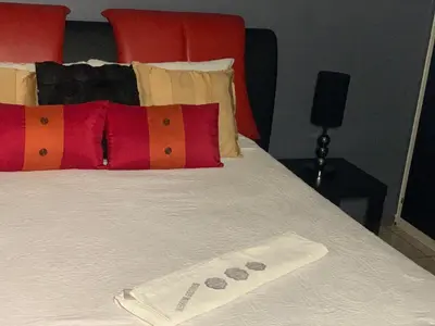 a white bed with red pillows and a white blanket at Oleratong Guest House in Evander
