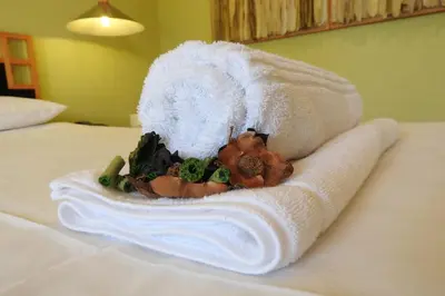 a towel on a bed with some stuffed animals on it at Willow Place Guest House in Midrand