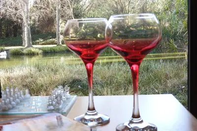 two glasses of red wine sitting on a table at Willow Place Guest House in Midrand
