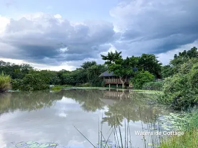 a cabin on the side of a river with trees at 24 Degrees South Country Estate in Hoedspruit