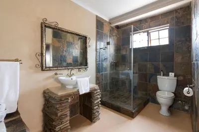 a bathroom with a shower and a toilet and a sink at Our Heritage Guesthouse in Kempton Park