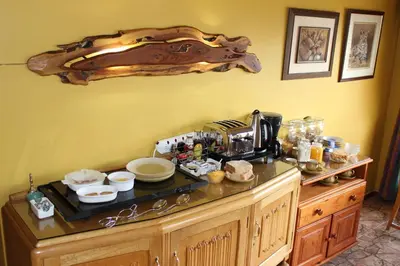 a kitchen with a counter with a coffee maker on it at Waterfront Guest House in Carolina