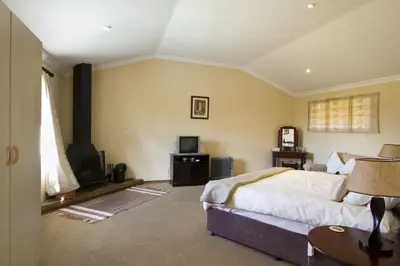 a bedroom with a large bed and a fireplace at Auldstone House in Dullstroom
