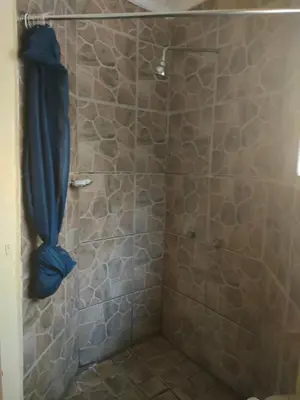 a shower with a blue shower curtain in a bathroom at Copacopa Lodge and Conference Centre in Punda Maria