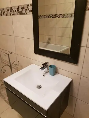 a bathroom with a white sink and a mirror at Dinaledi House in Bela-Bela
