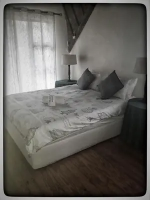 a bedroom with a large white bed with a window at Buster's River Lodge in Marloth Park