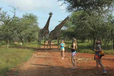 two girls and two giraffes standing on a dirt road at Buster's River Lodge in Marloth Park