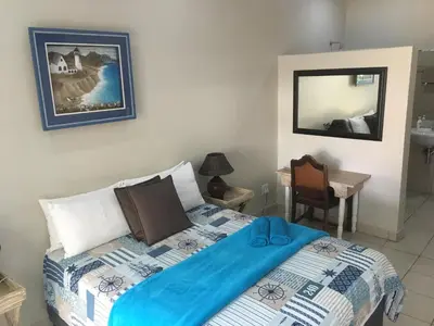 a bedroom with a bed and a desk and a sink at Birrea Guest house in Polokwane