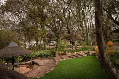a garden with a green lawn and trees and chairs at Premier Hotel Roodevalley in Pretoria