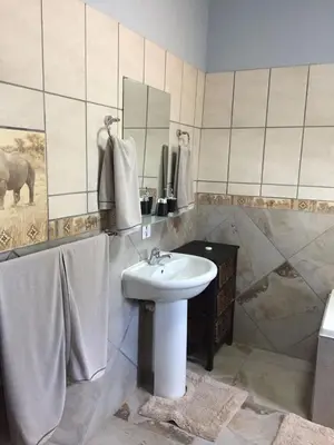 a bathroom with a sink and a mirror at Baobab Lane Lodge in Marnitz