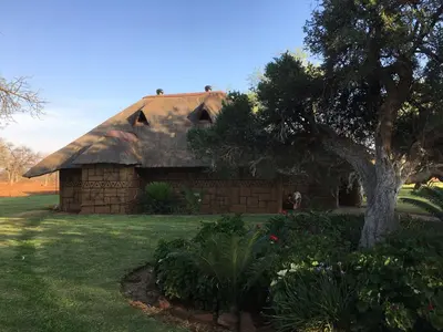a thatch roofed house with a tree in a yard at Baobab Lane Lodge in Marnitz