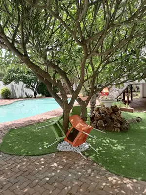 a tree and a chair next to a pool at The Shamrock Hotel in Polokwane