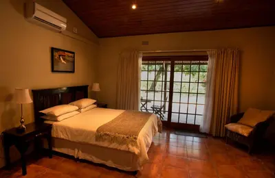 a bedroom with a bed and a large window at Sunbird Lodge in Phalaborwa