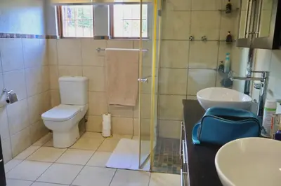 a bathroom with a toilet and a sink and a shower at Abangane Guest Lodge in Hazyview