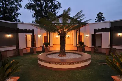 a courtyard with a palm tree in front of a building at Premier Hotel The Winkler in White River