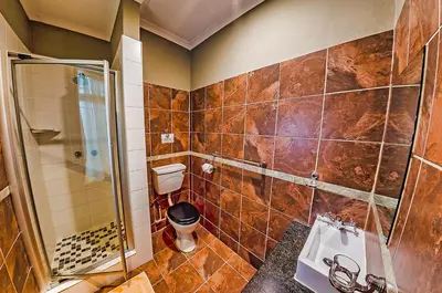a bathroom with a shower and a toilet and a sink at Amper Bo Guest House in Pretoria