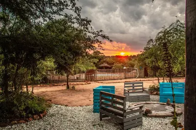 a park with two blue benches and a sunset at Shik Shack Backpackers in Guernsey Nature Reserve