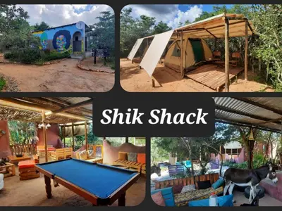 a collage of photos with a tent and a pool table at Shik Shack Backpackers in Guernsey Nature Reserve