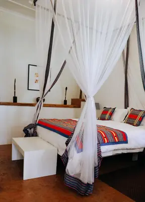 a bedroom with a bed with a mosquito net at Madi a Thavha Mountain Lodge in Louis Trichardt