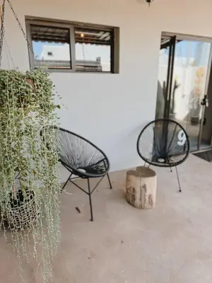 two black chairs sitting next to a plant at Lighthouse Guesthouse & Cafe in Groblersdal