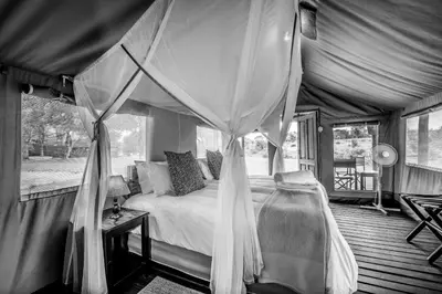 a bedroom with a canopy bed in a tent at Shindzela Tented Camp in Timbavati Game Reserve