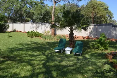 two green chairs sitting under a palm tree in a yard at Holiday Flat Stormvoel 547 in Hazyview