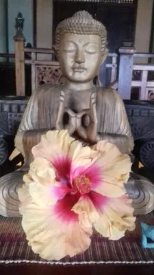 a statue with a flower in front of it at Bali at Scenic Haven Lodge in Hartbeespoort in Hartbeespoort
