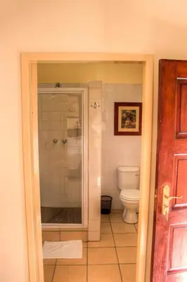 a bathroom with a shower and a toilet at Marlot Guest House in Polokwane