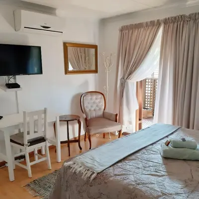 a bedroom with a bed and a desk and a chair at Irene B&B in Irene