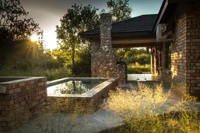 a backyard with a pool and a building at Lion King in Marloth Park
