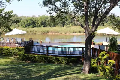a swimming pool next to a river with a tree at Sabie River Bush Lodge in Hazyview