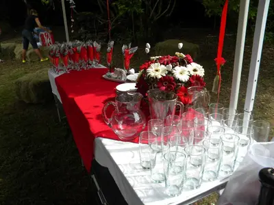 a table with wine glasses and flowers on it at Nooitgedacht Trout Lodge in Lydenburg